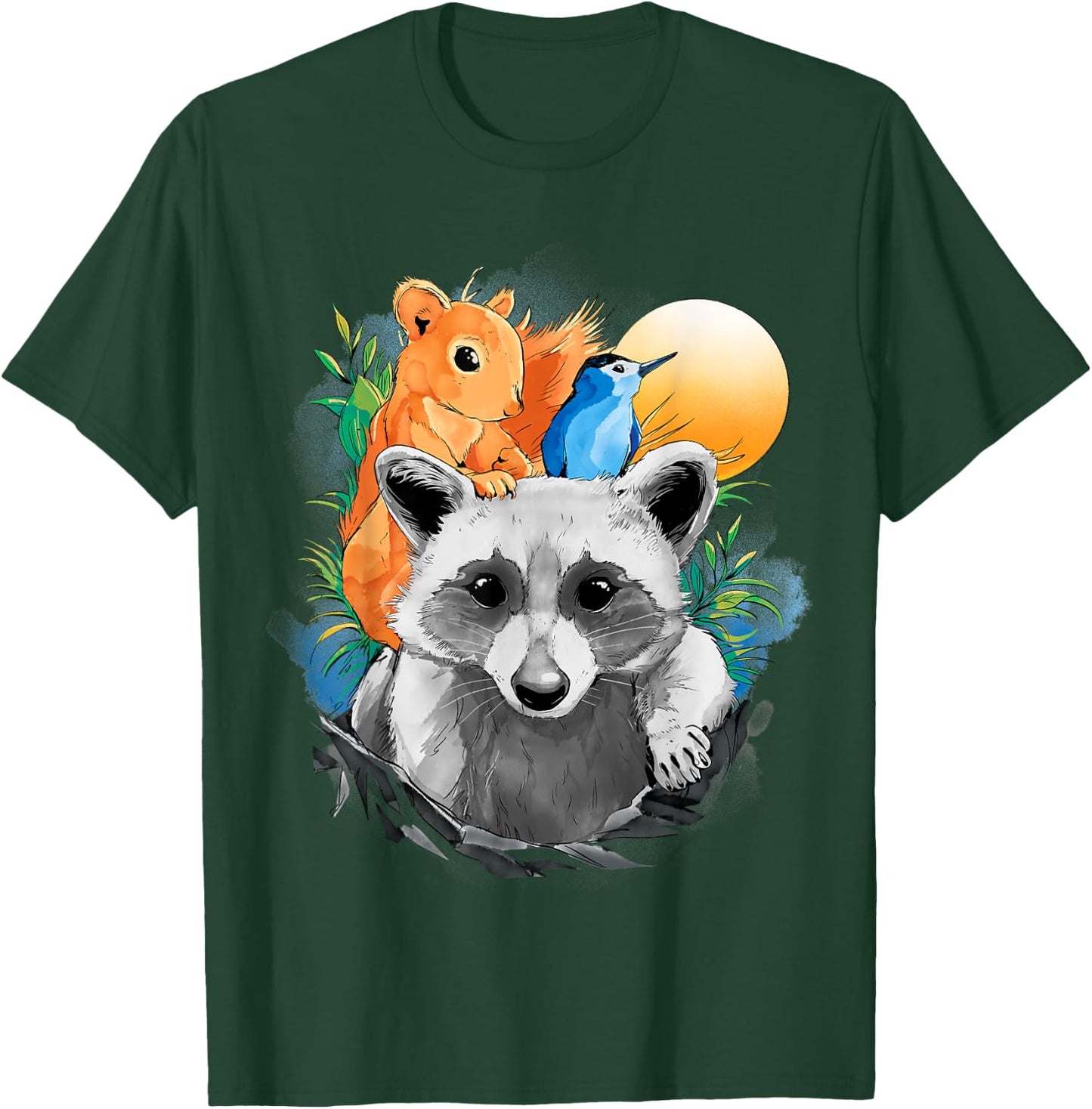 Raccoon Squirrel Animal Print Bird Design Animals T-Shirt - T-Shirt | Forest
