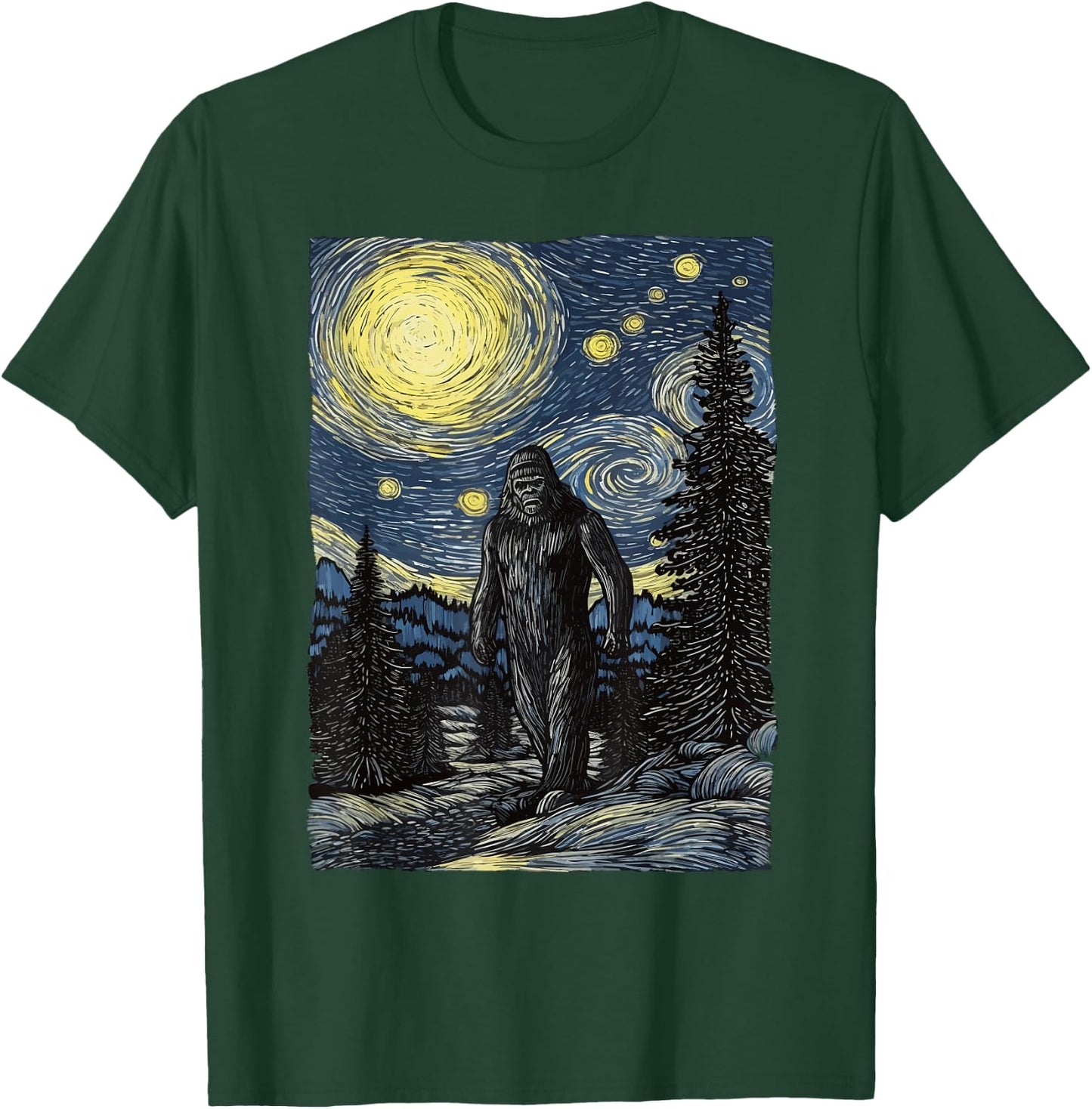 Bigfoot Starry Night Sasquatch Van Gogh Painting Art T-Shirt - T-Shirt | Forest