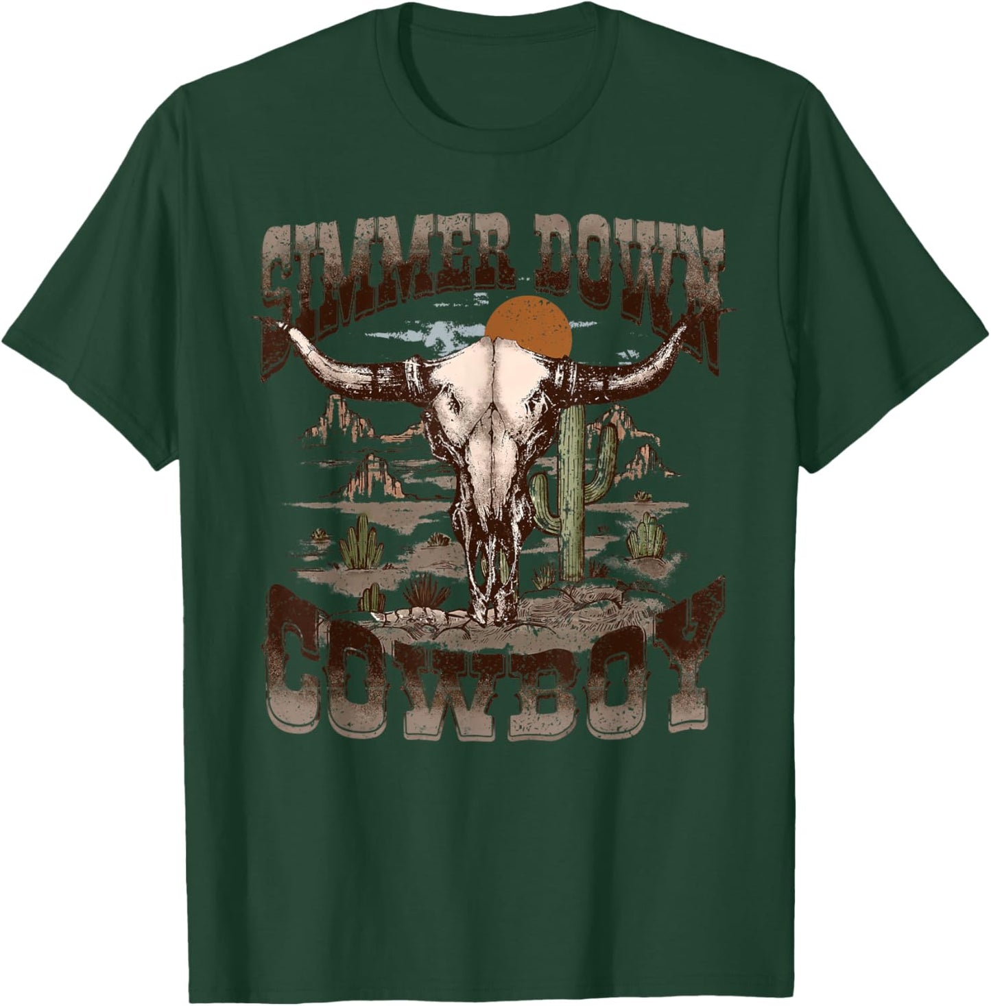 Vintage Simmer Down Cowboy Bull Skull Western Graphic T-Shirt - T-Shirt | Forest