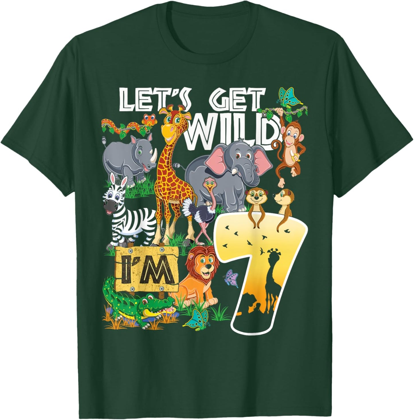 Kids Safari Zoo 7th Birthday Party Let's Get Wild I'm 7 T-Shirt - T-Shirt | Forest