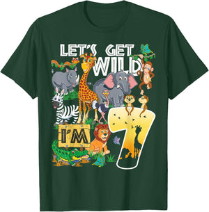 Kids Safari Zoo 7th Birthday Party Let's Get Wild I'm 7 T-Shirt - T-Shirt | Forest