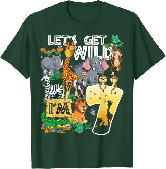 Kids Safari Zoo 7th Birthday Party Let's Get Wild I'm 7 T-Shirt - T-Shirt | Forest