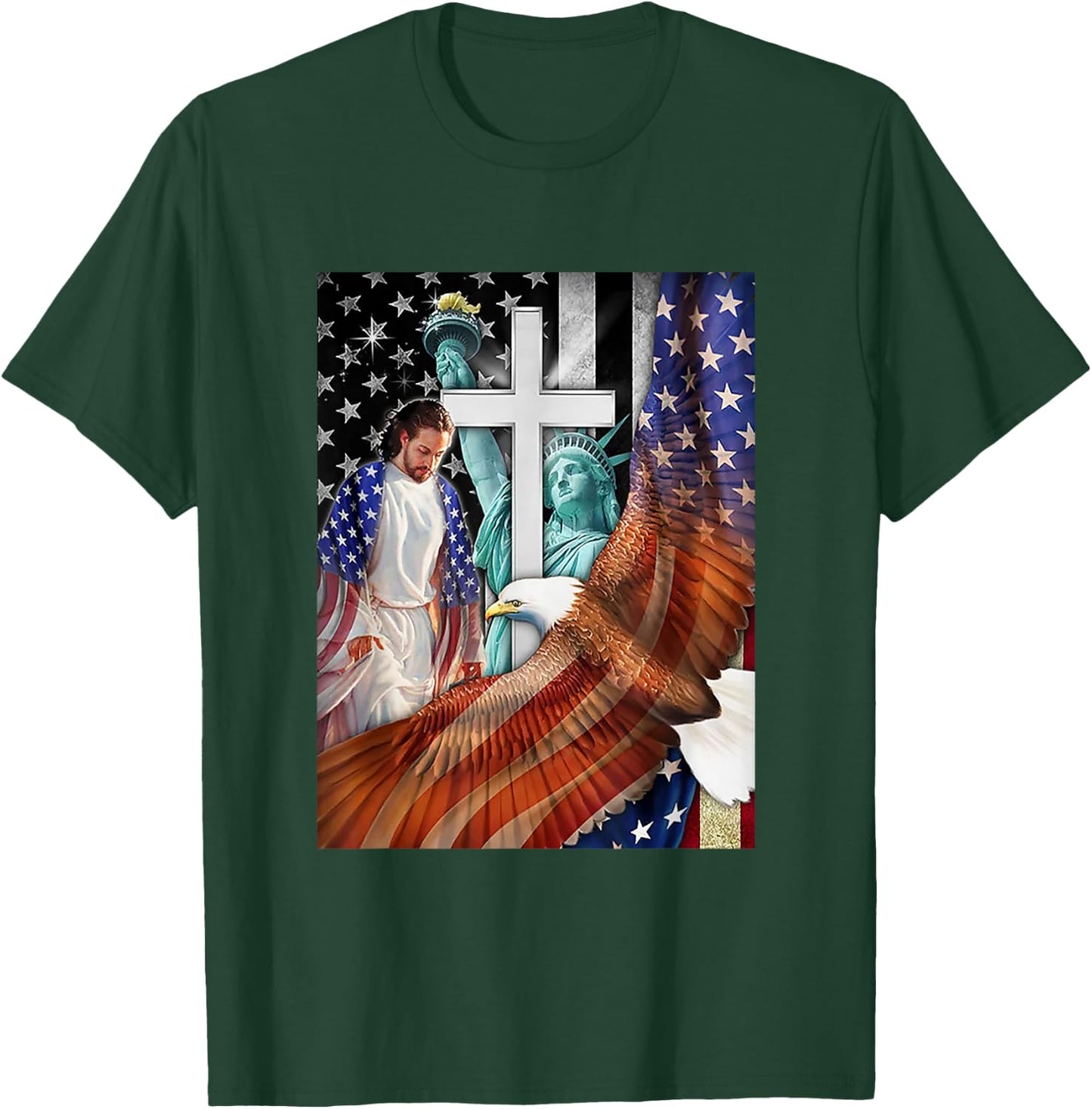 Bald Eagle with Jesus Christ and American Flag Women Kids Men T-Shirt - T-Shirt | Forest