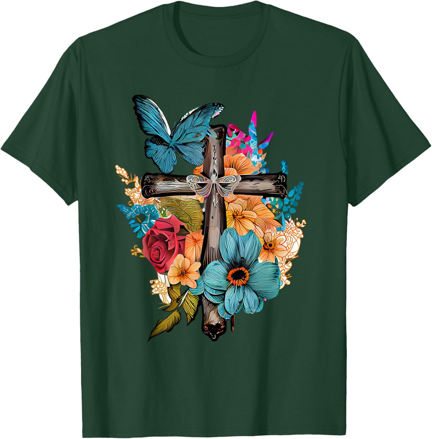 Jesus Cross Butterfly Flower Christian Faith Motivation T-Shirt - T-Shirt | Forest