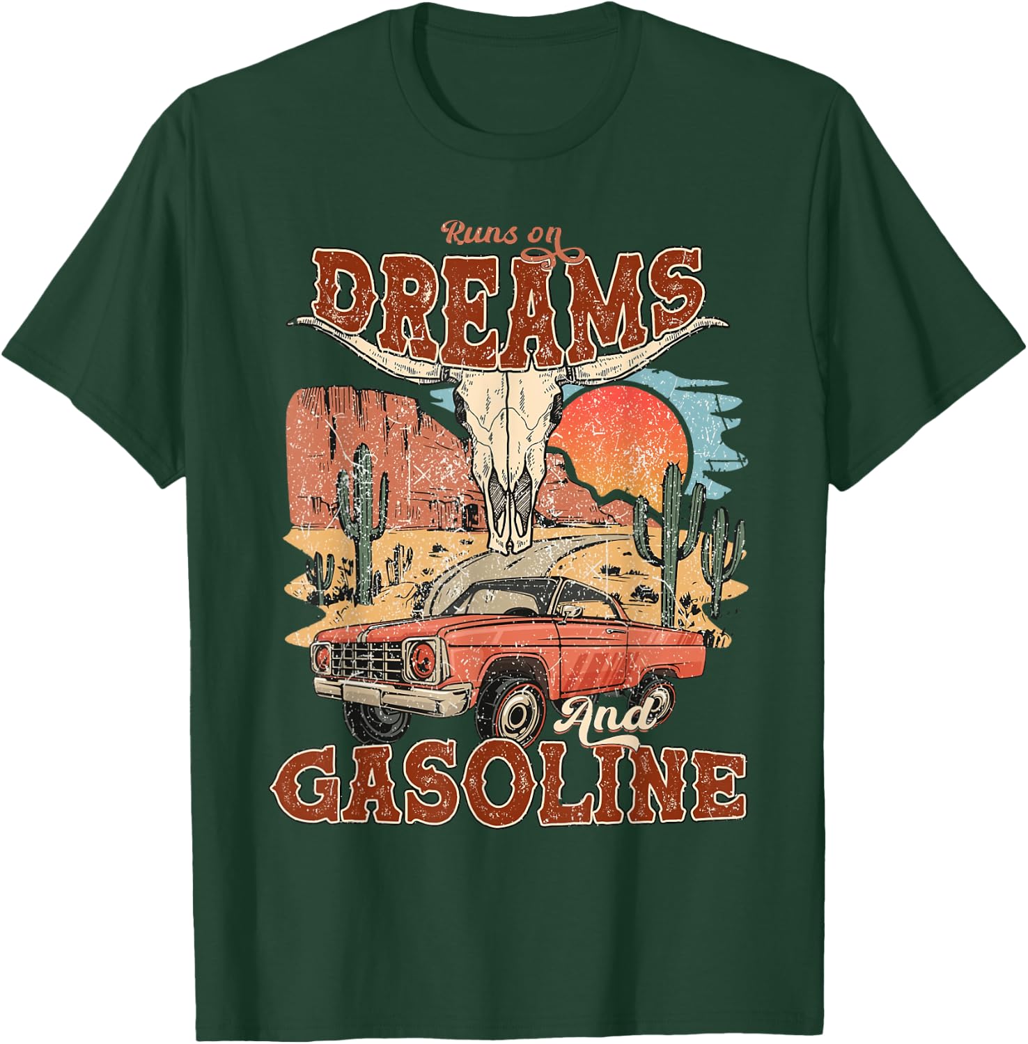 Funny Runs On Dreams And Gasoline Boho Country Music T-Shirt - T-Shirt | Forest
