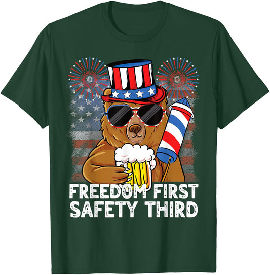 USA 4th of July Bear Beer Freedom First Safety Third T-Shirt - T-Shirt | Forest