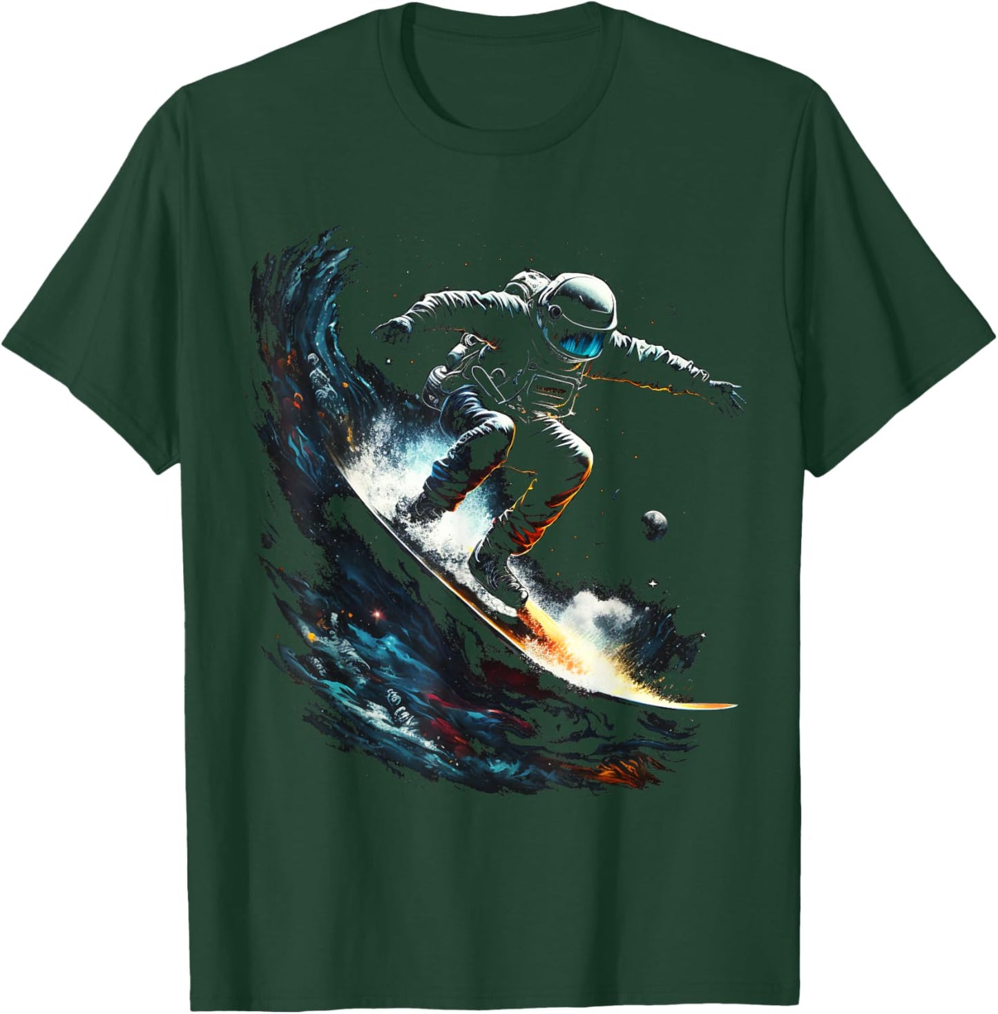Astronaut surfs space waves, universe galaxy planets sci-fi T-Shirt - T-Shirt | Forest