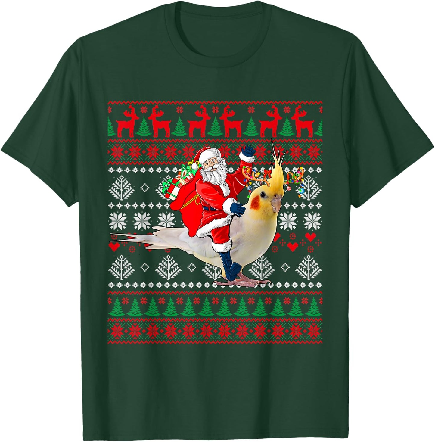 Santa Riding Reindeer Cockatiel Christmas Costume Bird Lover T-Shirt - T-Shirt | Forest