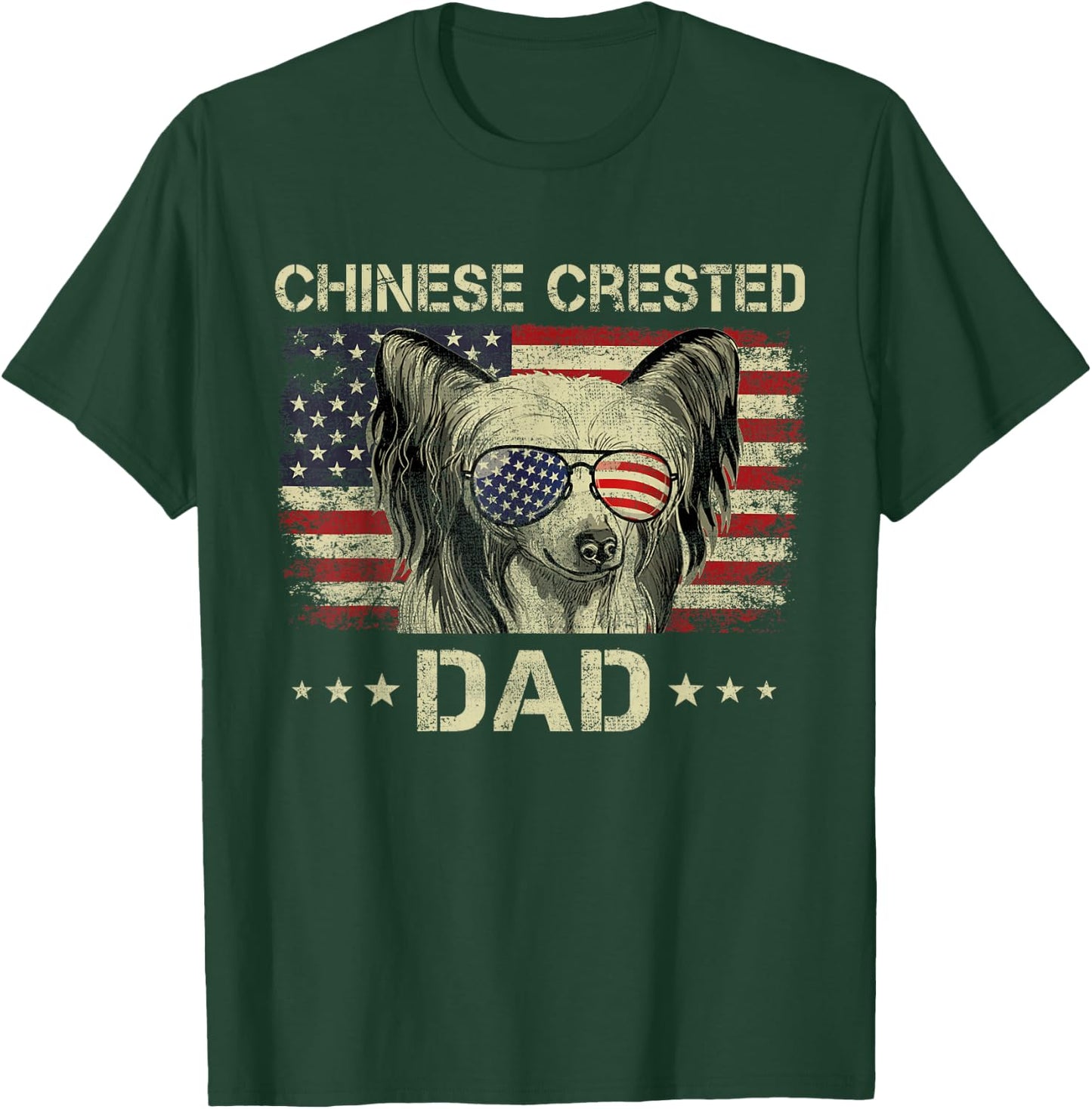 Chinese Crested Dad Dog Lovers American Flag 4th Of July Women Men T-Shirt - T-Shirt | Forest