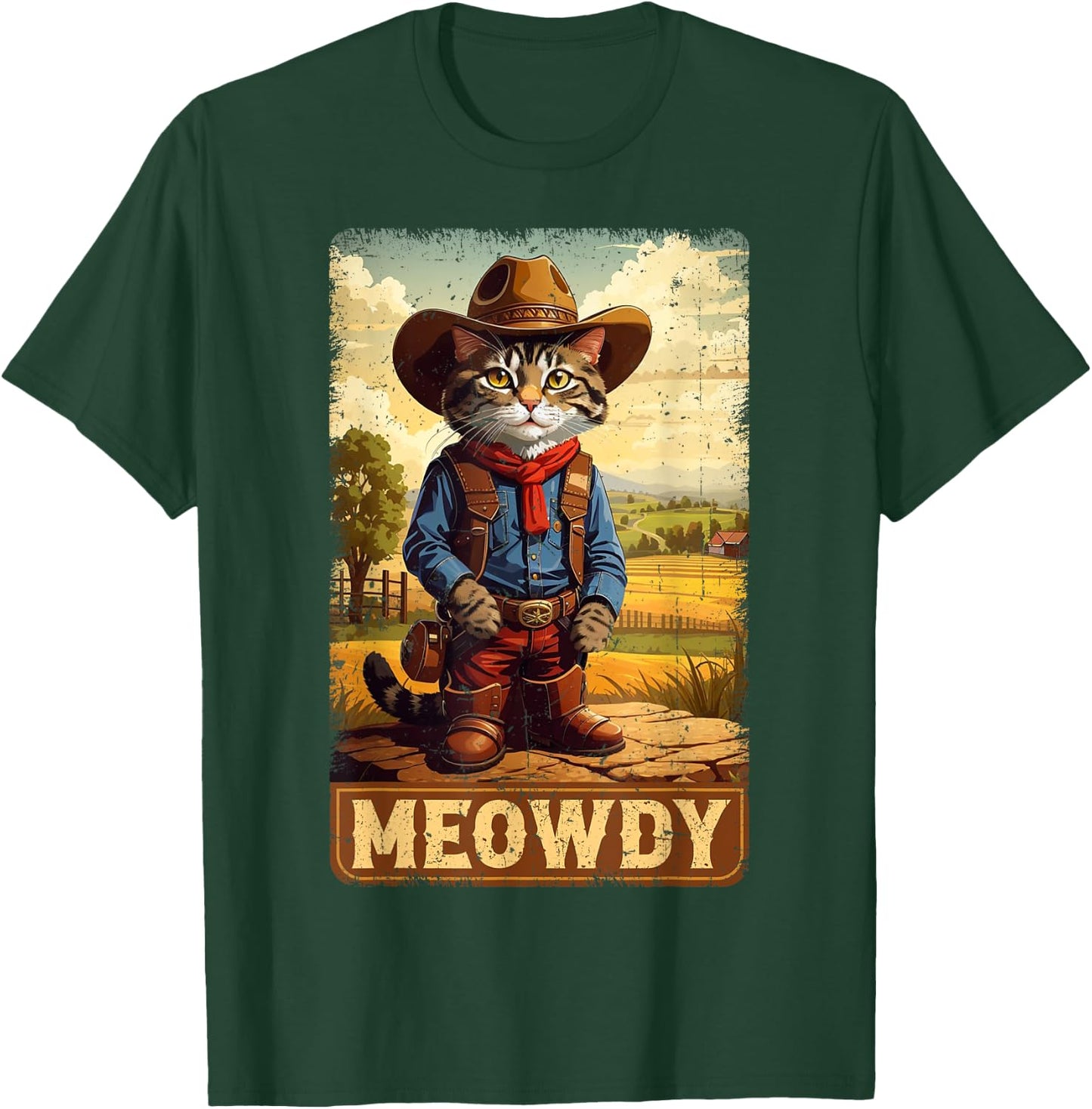 Meowdy Funny Country Side Cat Hat Vintage Cowboy Cat T-Shirt - T-Shirt | Forest