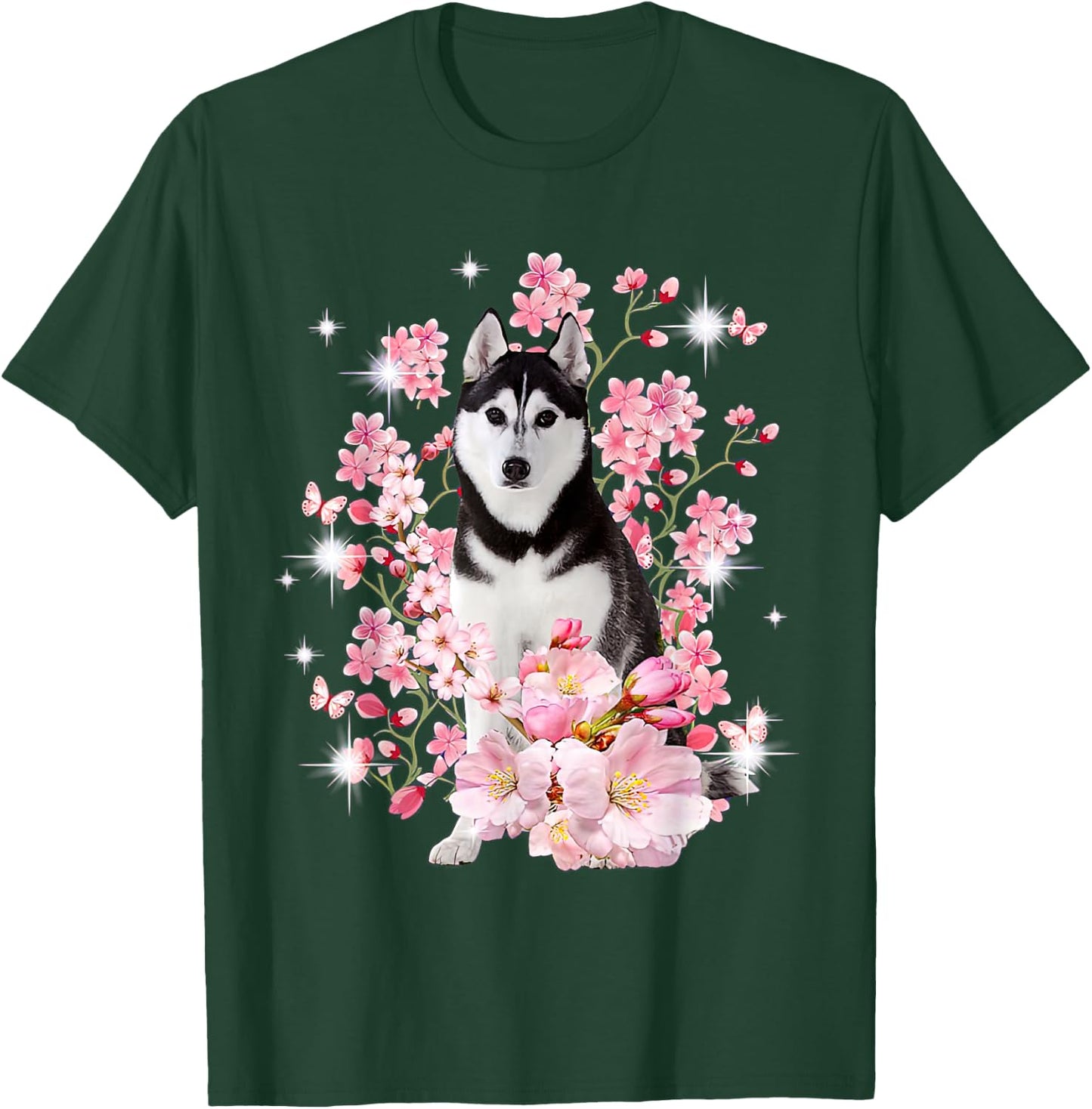 Husky Dog Japanese Cherry Blossom Sakura Flower T-Shirt - T-Shirt | Forest