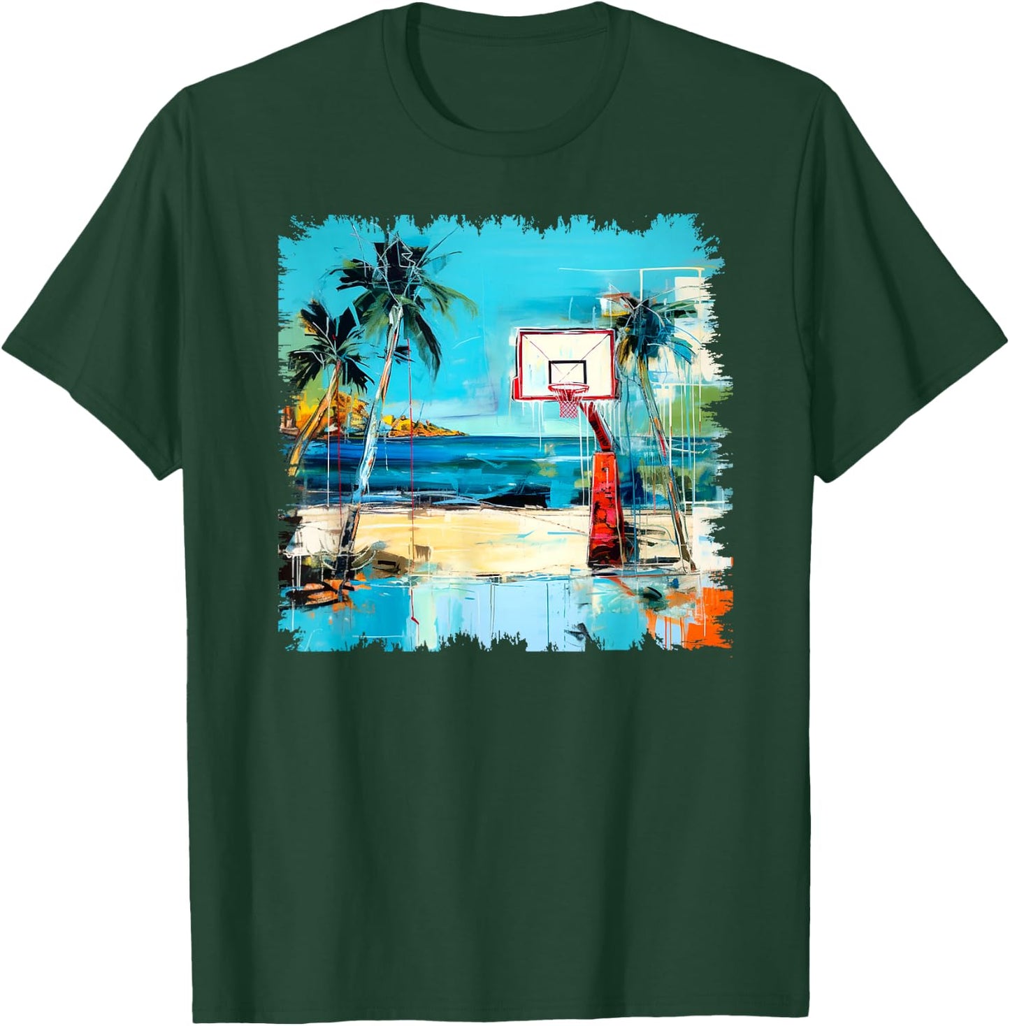 Basketball Hoop Tropical Sea Beach Stylish Street Art Design T-Shirt - T-Shirt | Forest