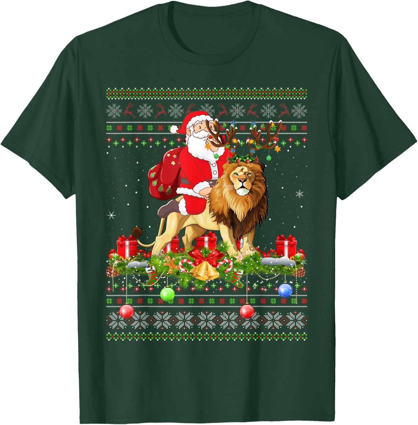Lion Lover Ugly Santa Riding Lion Christmas T-Shirt - T-Shirt | Forest