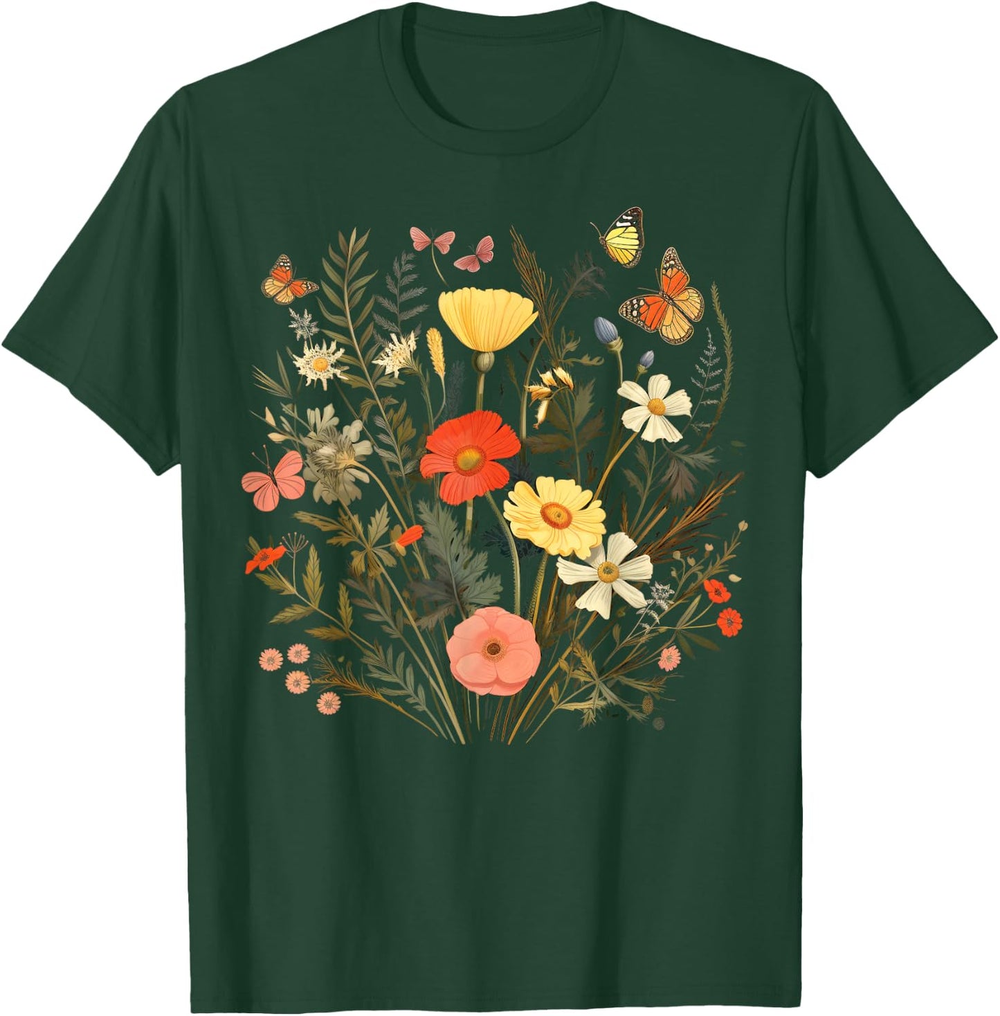 Vintage Pressed Flowers Butterflies Floral Boho Wildflowers T-Shirt - T-Shirt | Forest