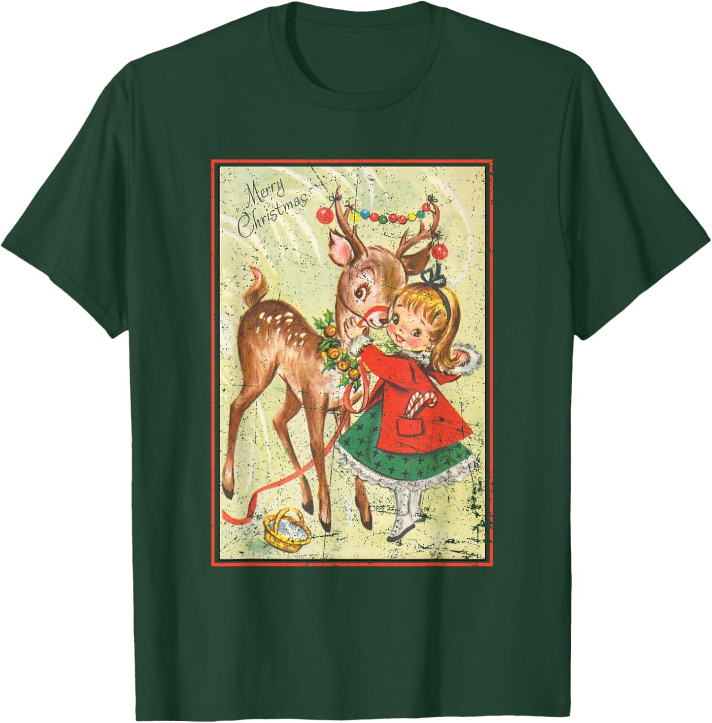 Vintage Pin Up Little Girl Reindeer Retro 1950s Christmas T-Shirt - T-Shirt | Forest