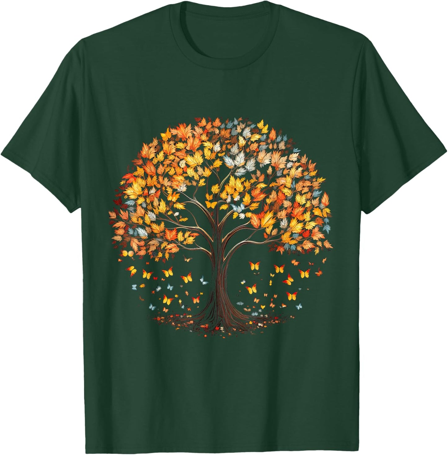 Fall Autumn falling leaves with Tree and Butterfly T-Shirt - T-Shirt | Forest
