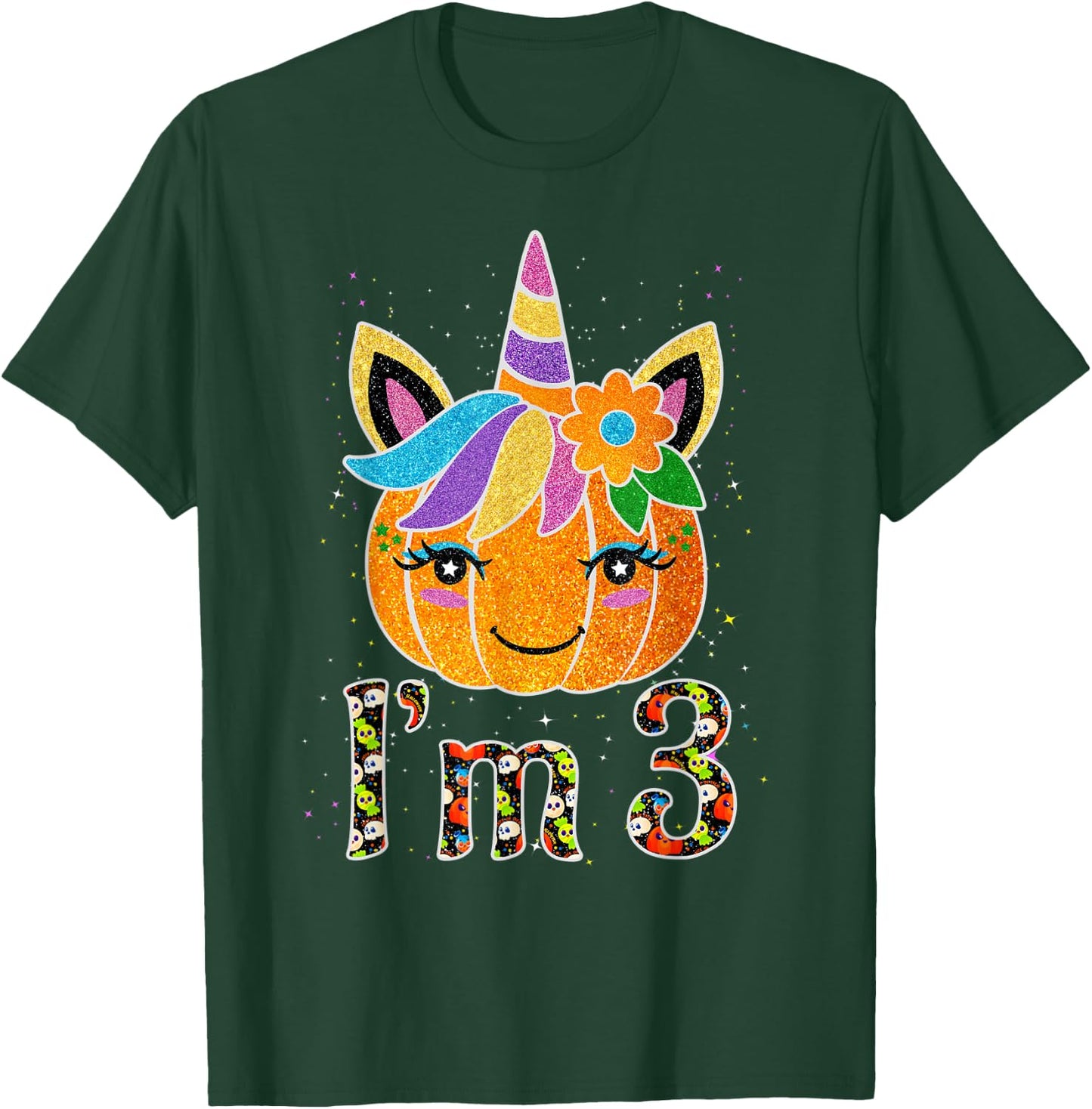 3 Years Old Unicorn Pumpkin Cute Design Birthday Halloween T-Shirt - T-Shirt | Forest