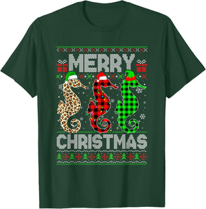 Merry Christmas Seahorse Xmas Leopard Plaid Santa Elf T-Shirt - T-Shirt | Forest