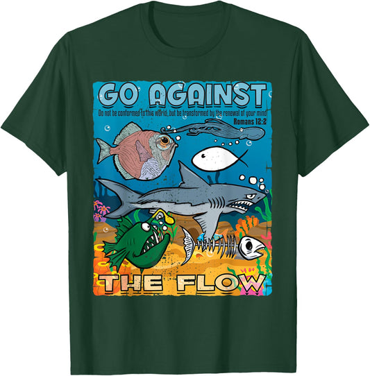 Go Against The Flow Christian Gospel Fish & Woman T-Shirt - T-Shirt | Forest