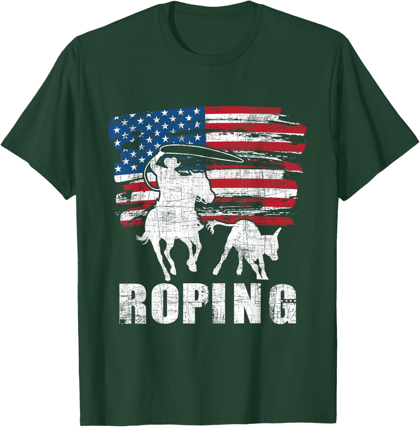 Team Roping - Roper USA American Flag Header Heeler Horse T-Shirt - T-Shirt | Forest