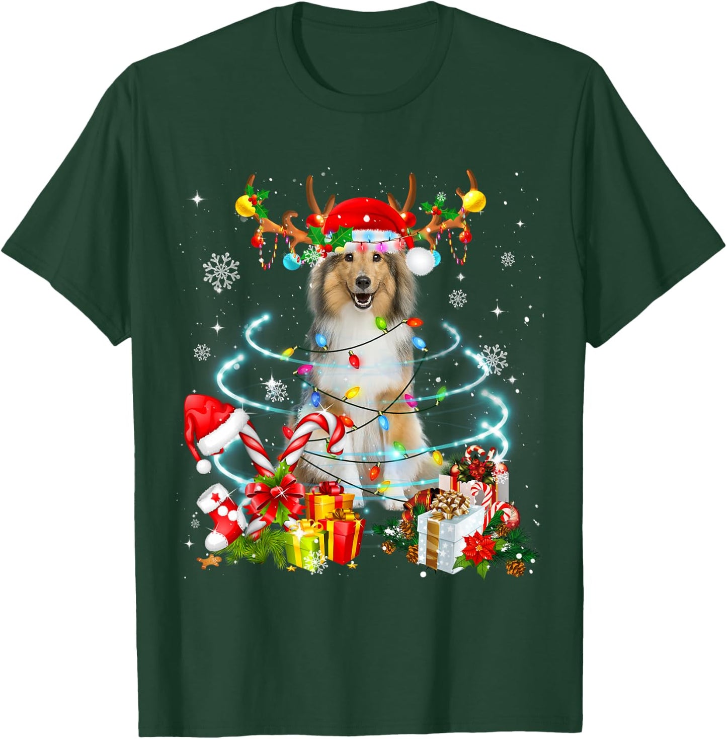Sheltie Reindeer Christmas Tree Lights Pajama Dog Xmas T-Shirt - T-Shirt | Forest