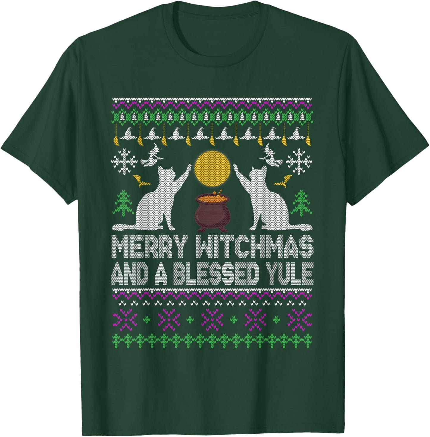 Merry Witchmas Cat Lover Ugly Christmas Sweaters T-Shirt - T-Shirt | Forest