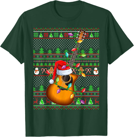 Ugly Xmas Sweater Style Lighting Guitar Christmas T-Shirt - T-Shirt | Forest