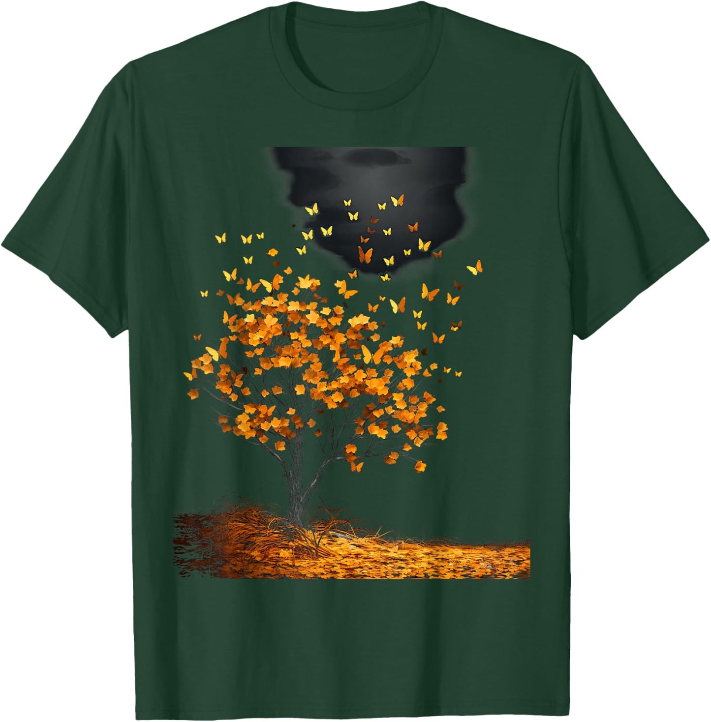 Fall Autumn falling leaves with Tree and Butterfly T-Shirt - T-Shirt | Forest