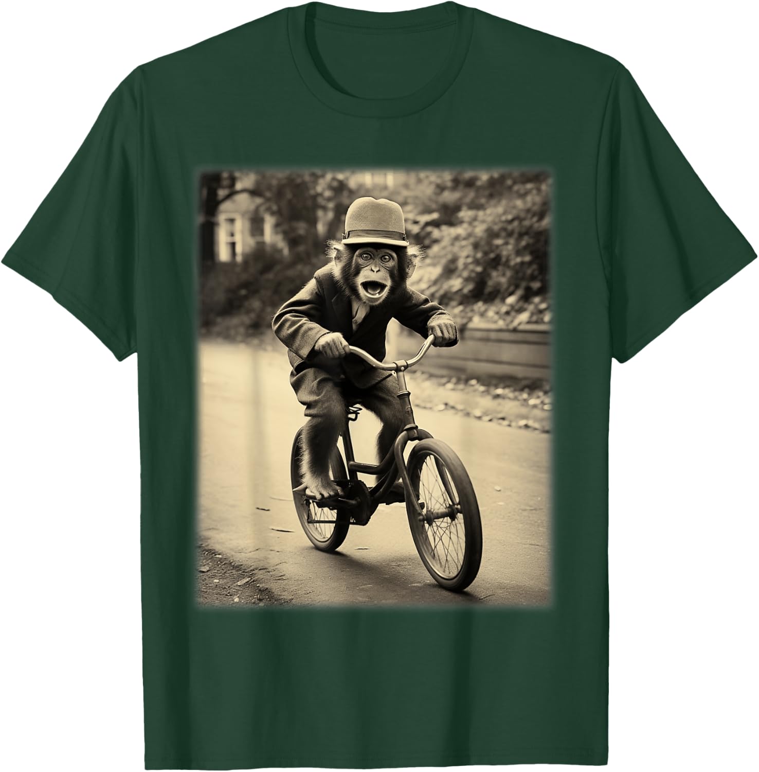 Funny Cute Monkey Chimp Riding Vintage Bicycle Men Woman T-Shirt - T-Shirt | Forest