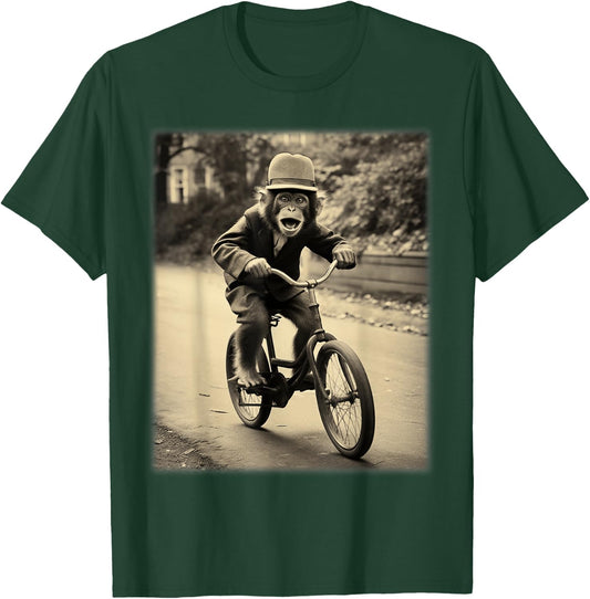 Funny Cute Monkey Chimp Riding Vintage Bicycle Men Woman T-Shirt - T-Shirt | Forest