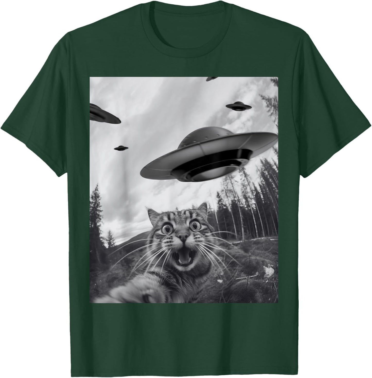 Funny Cat Selfie with Alien UFO T-Shirt - T-Shirt | Forest