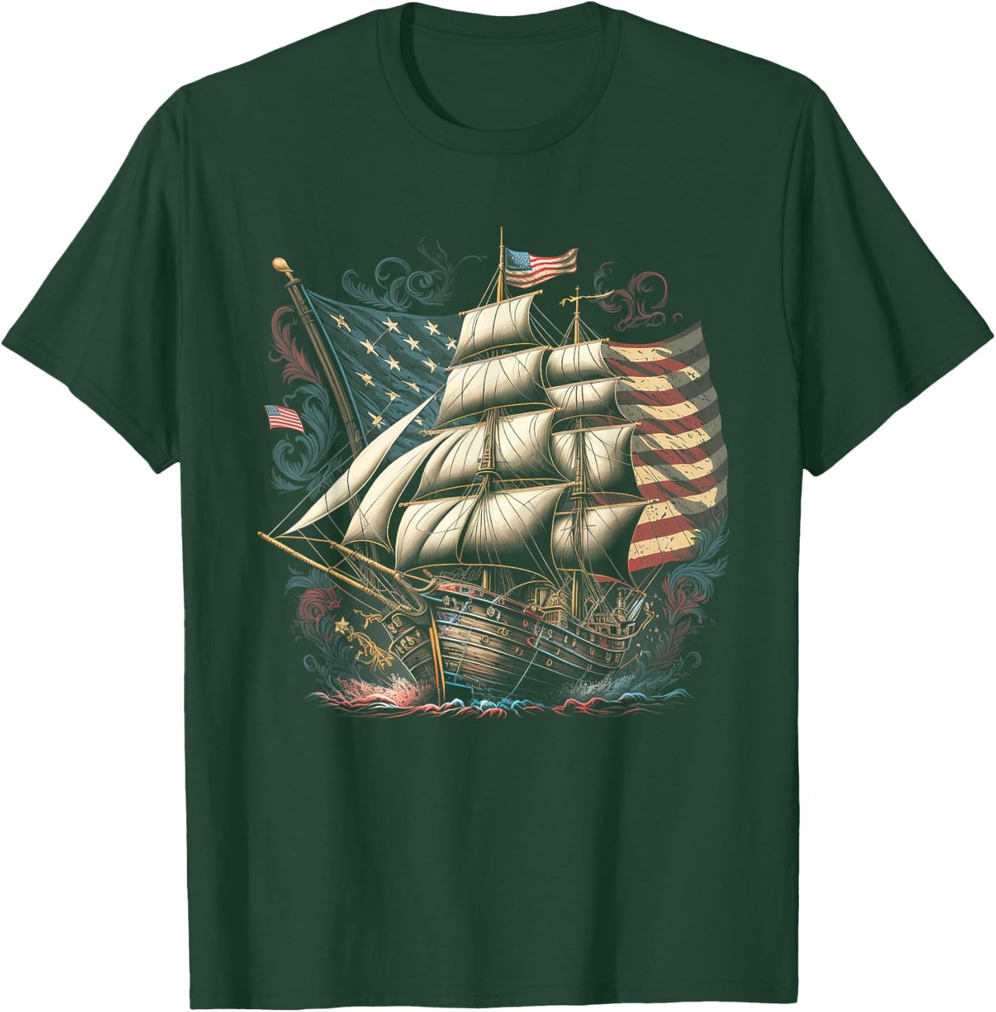 Pirate 4th of July American Flag USA America Funny Ship Boat T-Shirt - T-Shirt | Forest