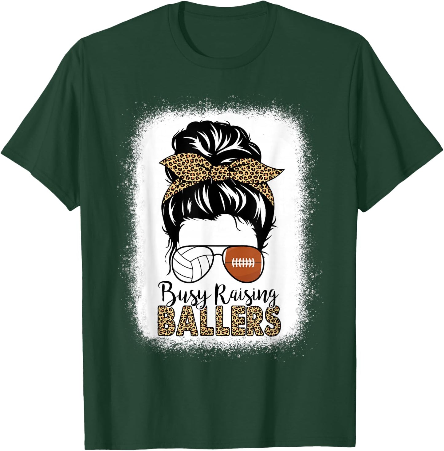 Volleyball And Football Mom Messy Bun Busy Raising Ballers T-Shirt - T-Shirt | Forest