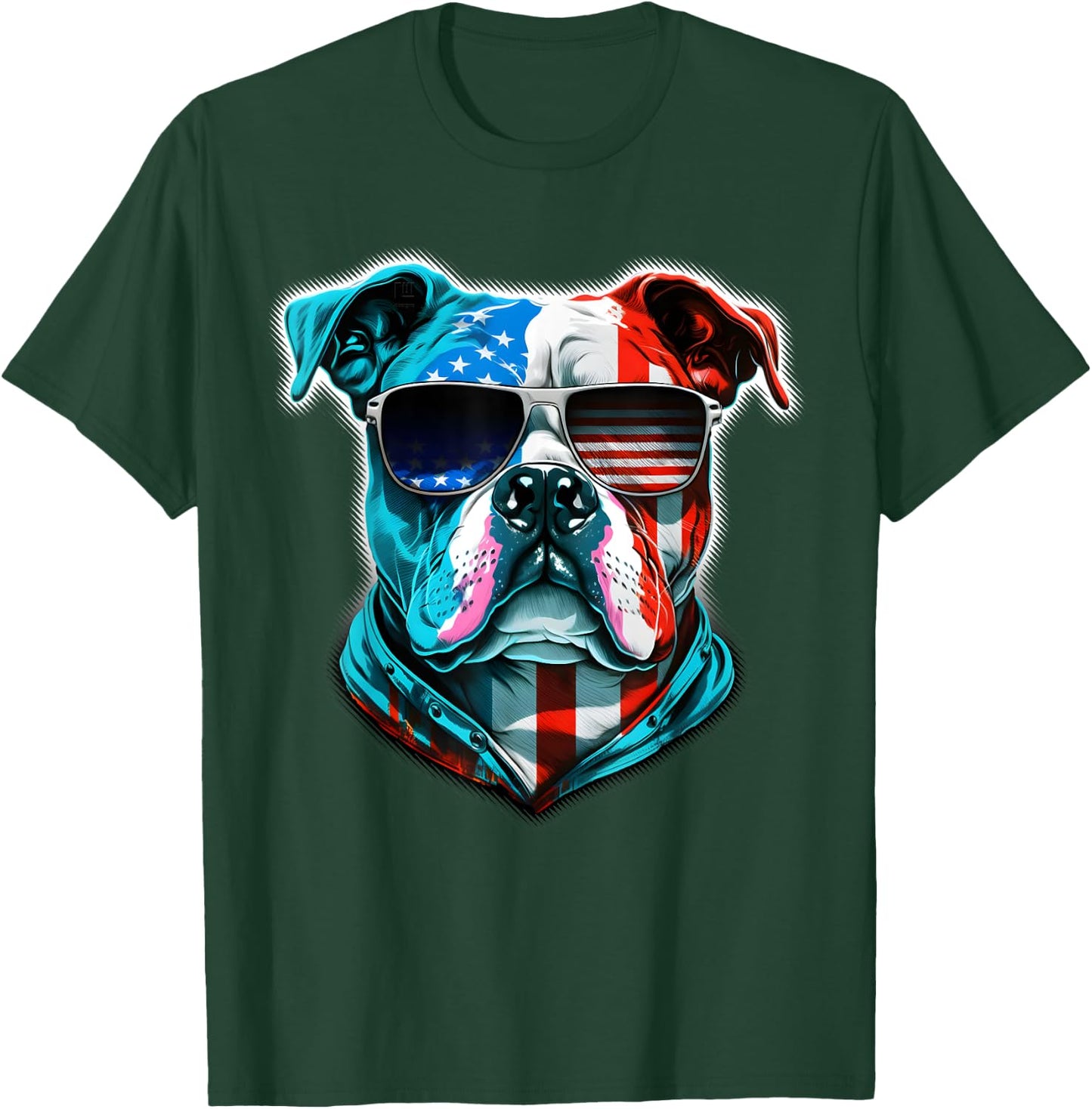 Bulldog Dog Red White Blue American Flag Sunglasses Kids Men T-Shirt - T-Shirt | Forest
