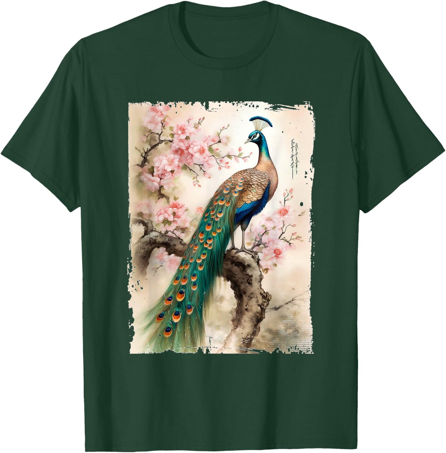 Beautiful Peacock Japanese Cherry Blossom Art T-Shirt - T-Shirt | Forest