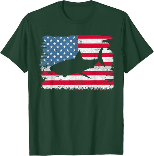 Shark American Flag USA 4th of July Men Women Boys Girls T-Shirt - T-Shirt | Forest
