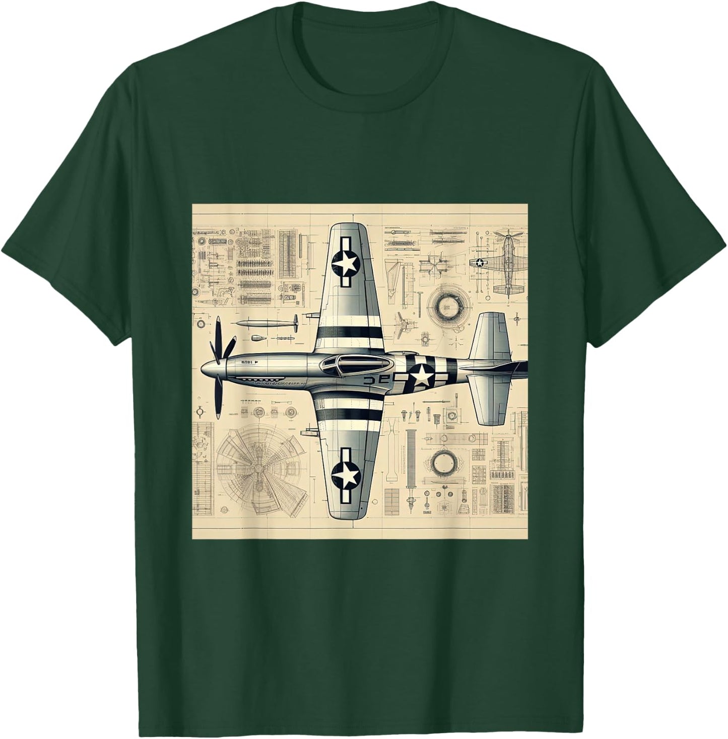 WW2 Warplane P51 Mustang Assembly Parts Blueprint T-Shirt - T-Shirt | Forest