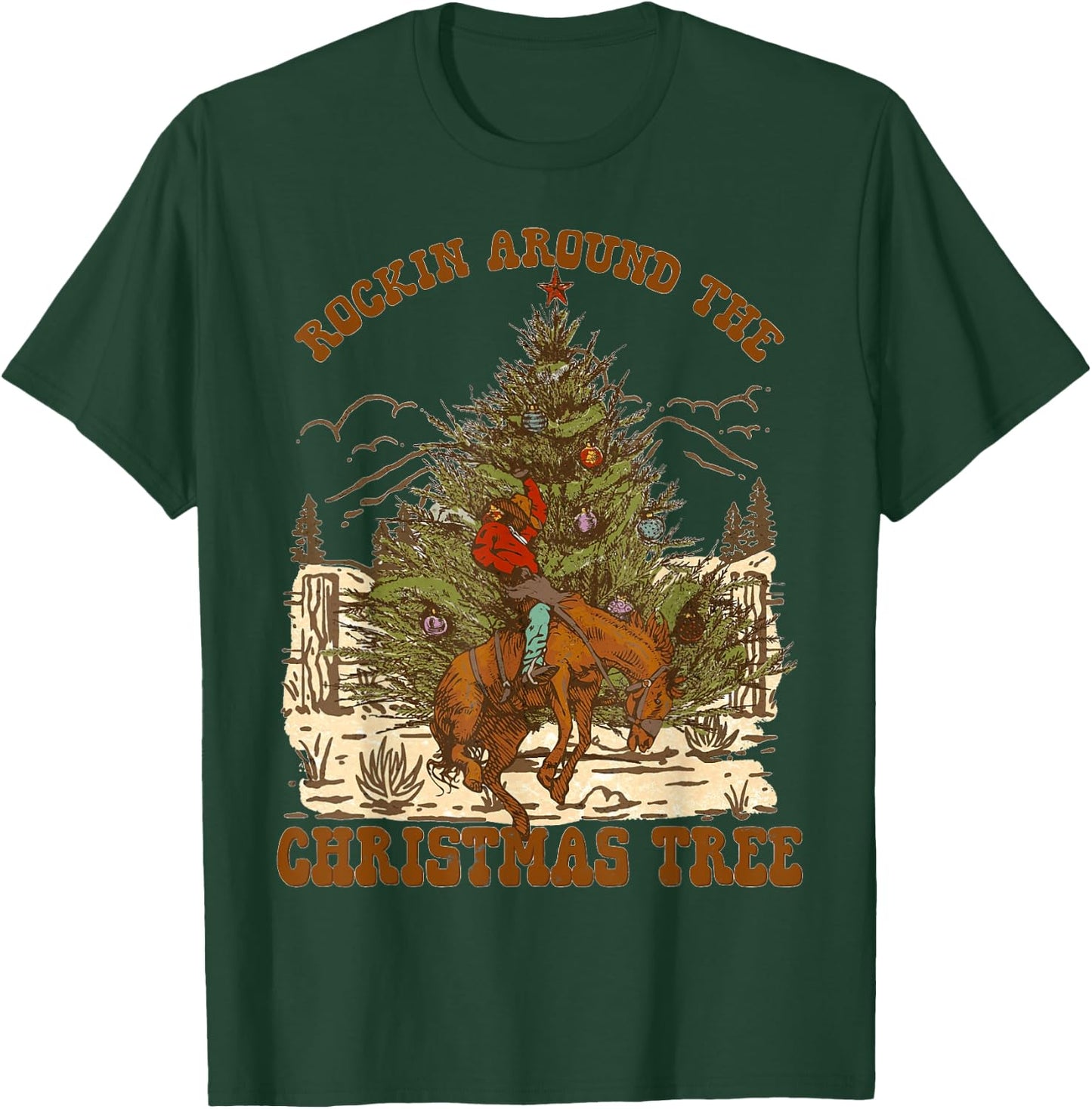 Rockin' Around Christmas Cowboy Tree Santa Ride Horse Pajama T-Shirt - T-Shirt | Forest