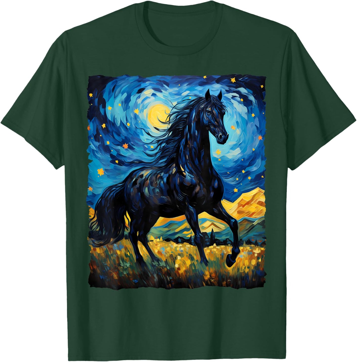 Black Horse Van Gogh Starry Night Painting Wild Animal Lover T-Shirt - T-Shirt | Forest