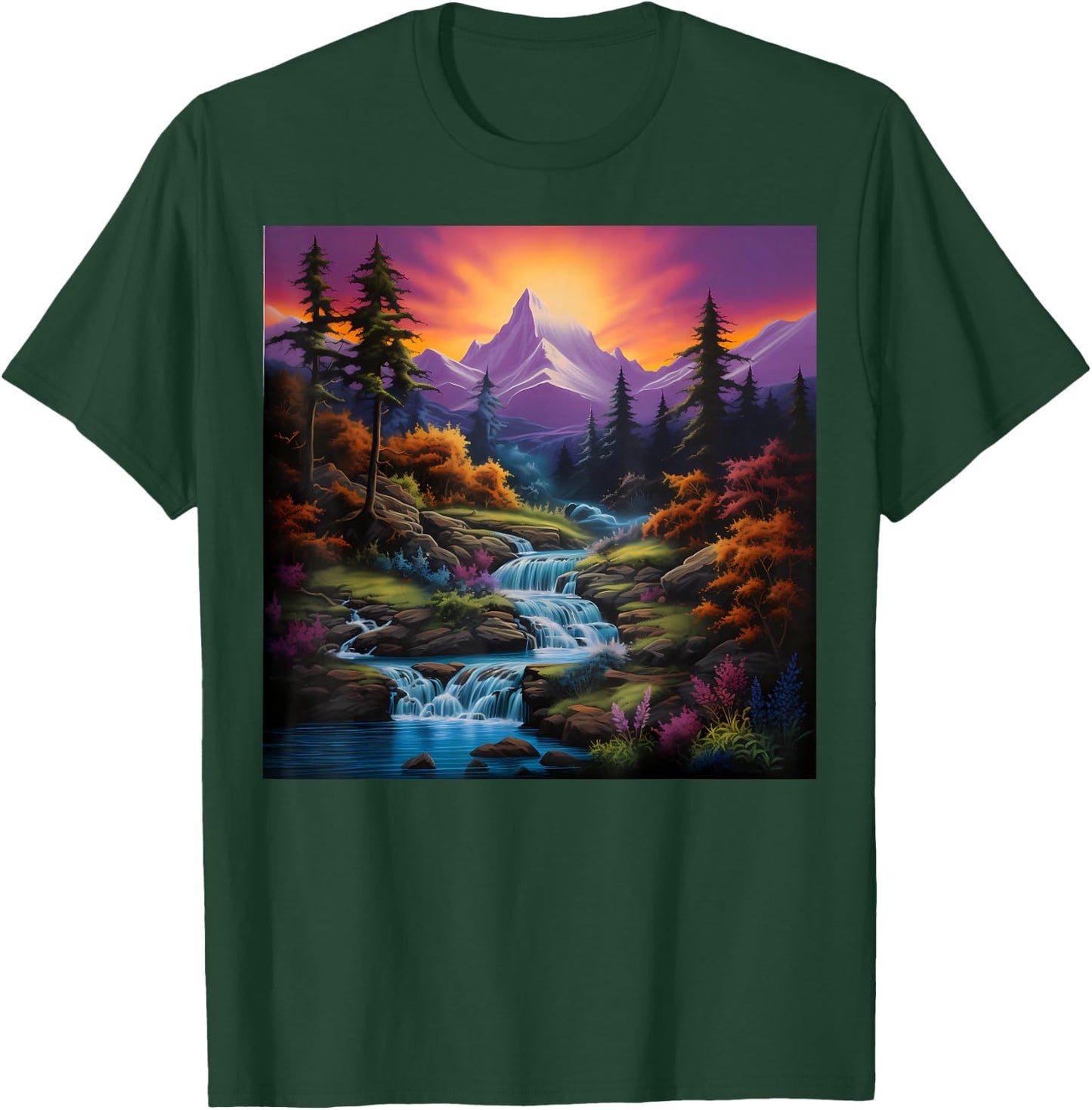 Fall Landscape Art Mountain River and Waterfalls for Hiking T-Shirt - T-Shirt | Forest