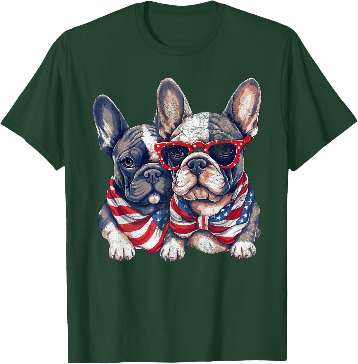 French Bulldog American Flag Patriotic 4th of July Frenchie Women Kids Men T-Shirt - T-Shirt | Forest
