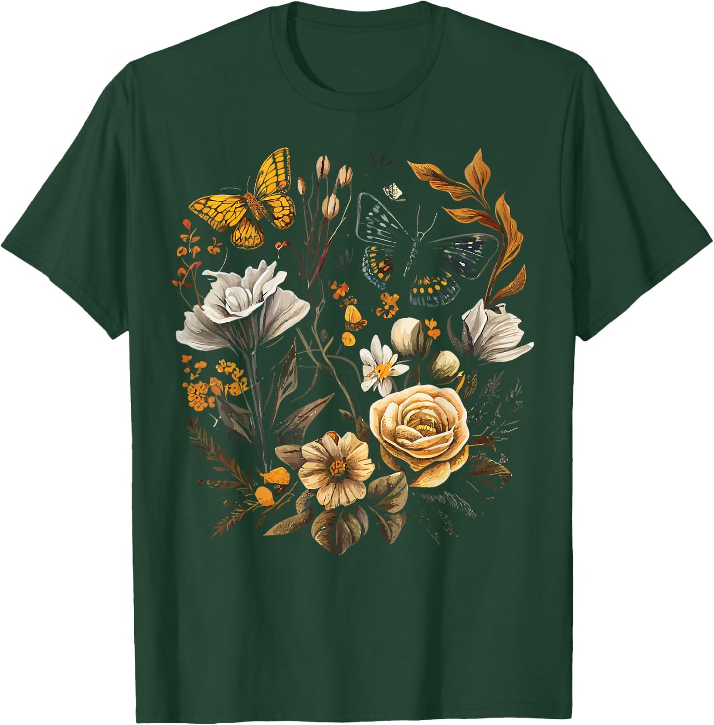 Vintage Pressed Flowers Butterflies Floral Boho Wildflowers T-Shirt - T-Shirt | Forest