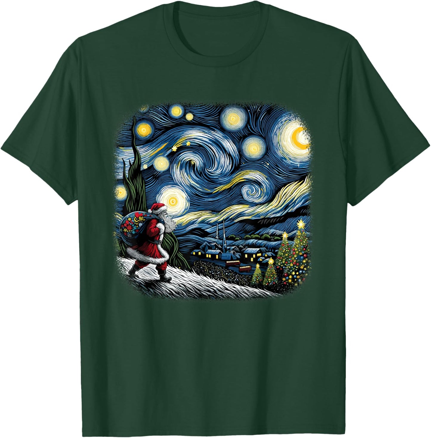 Van Gogh Starry Night Santa Christmas Winter Snowy Night T-Shirt - T-Shirt | Forest