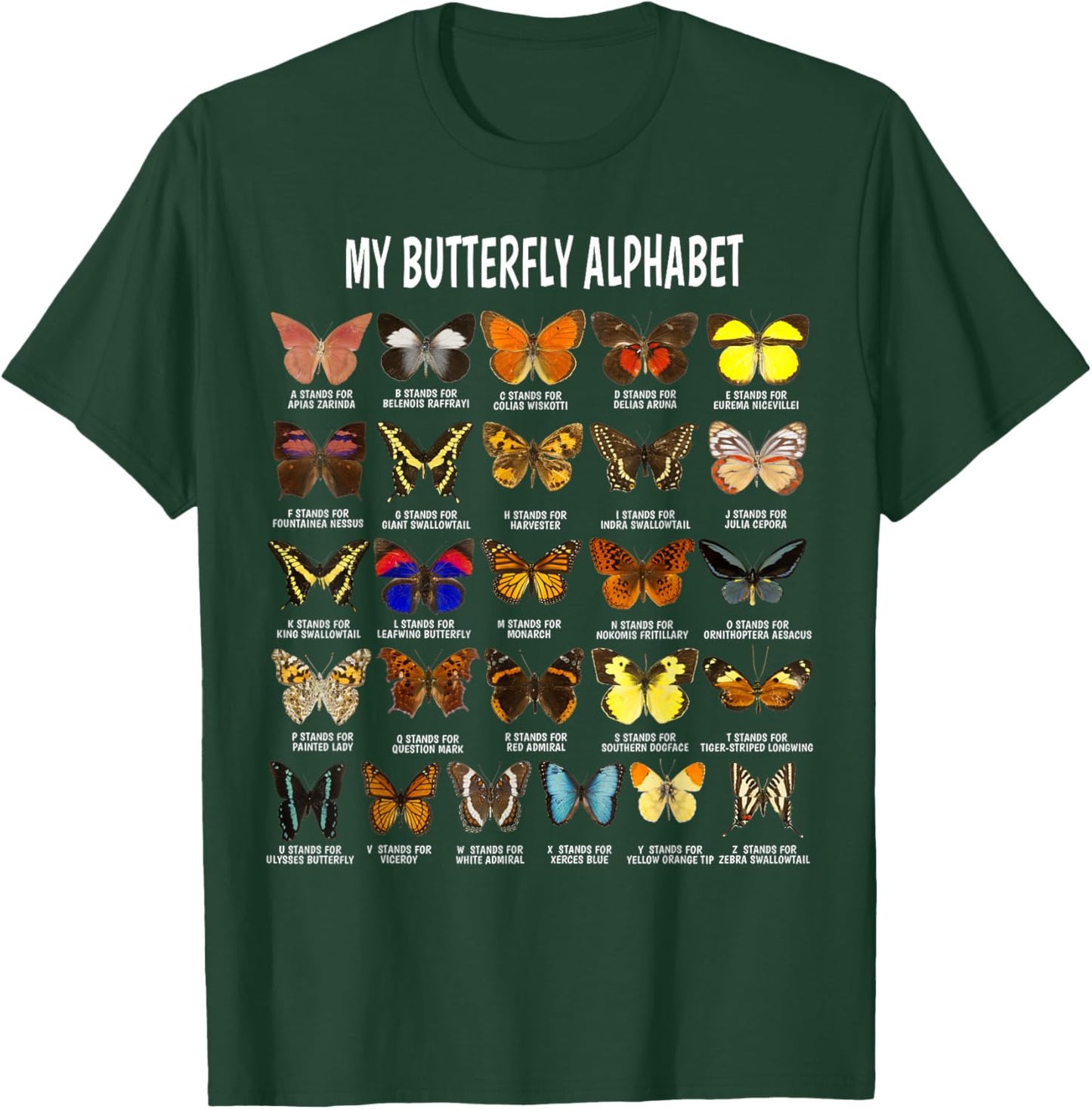 Types of Butterflies Alphabet ABC Butterfly Identification T-Shirt - T-Shirt | Forest