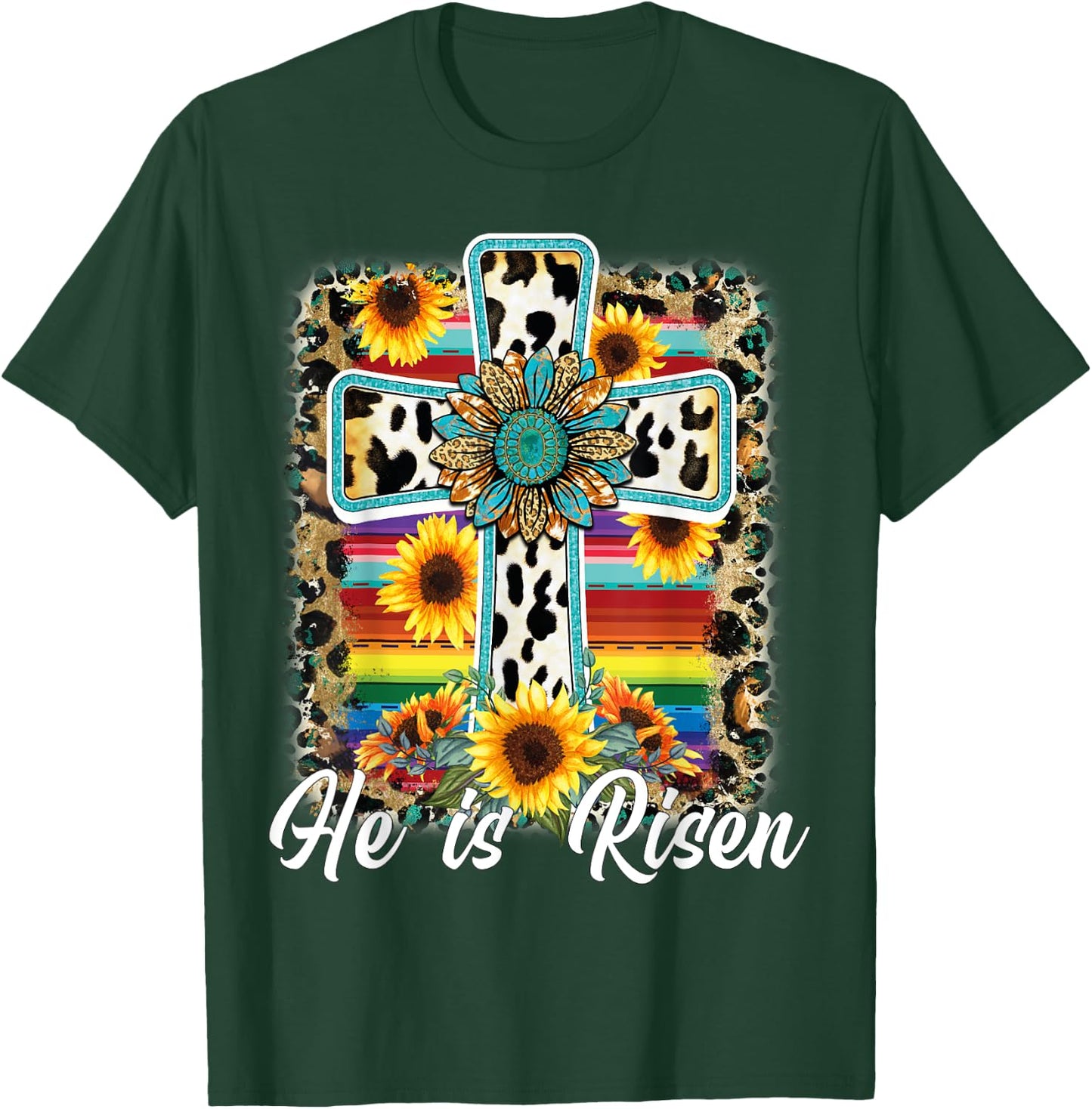 He is Risen Sunflower Leopard Cross Happy Easter Day T-Shirt - T-Shirt | Forest