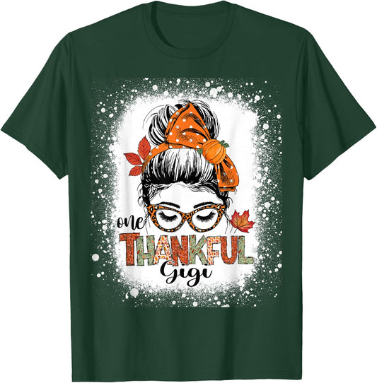 One Thankful Gigi Messy Bun Fall Autumn Thanksgiving Grandma T-Shirt - T-Shirt | Forest