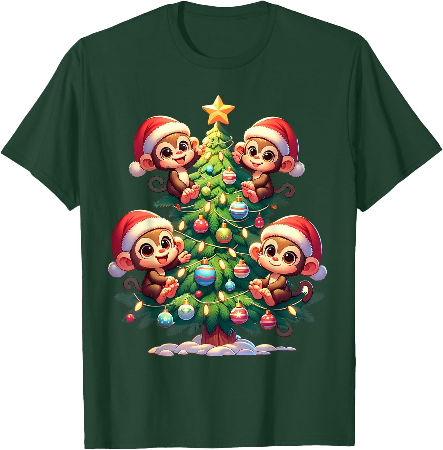 Kawaii Monkey Christmas Tree Cartoon Animals Primate T-Shirt - T-Shirt | Forest