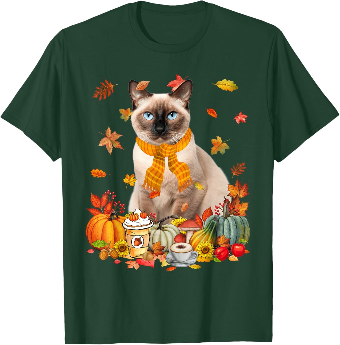 Cup Of Coffe & Siamese Cat Pumpkins Fall Vibes Thanksgiving T-Shirt - T-Shirt | Forest