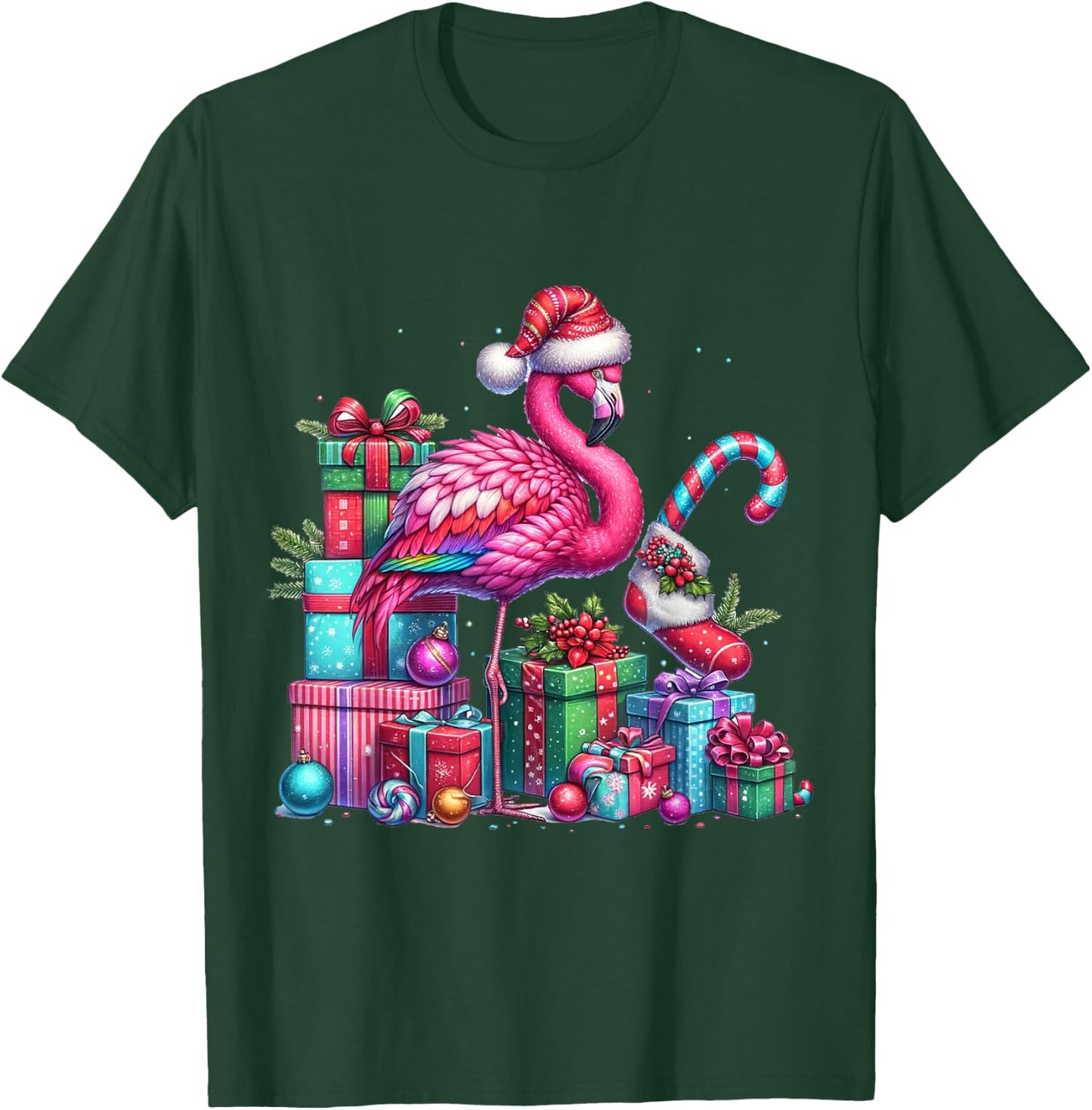Funny Festive Flamingo Holiday Pink Christmas Xmas Santa Hat T-Shirt - T-Shirt | Forest