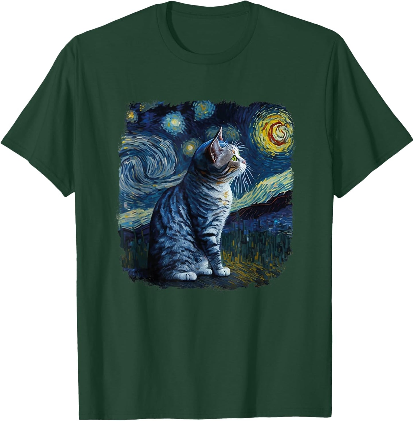 Funny Van Gogh Starry Night Cat American Shorthair Cat Lover T-Shirt - T-Shirt | Forest